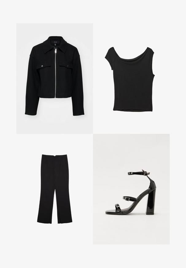 Przycięta czarna kurtka z miękkiego materiału, z zamkiem z przodu, spiczastym kołnierzem oraz dwiema kieszeniami na piersi z srebrnymi zatrzaskami.; Czarna bluzka z krótkim rękawem, wykonana z gładkiego materiału; posiada dekolt w stylu drapowanym oraz asymetryczny dół, z dopasowanym krojem.; Czarne spodnie o prostym kroju, z przednimi kieszeniami i bocznymi rozcięciami na dole. Wykonane z miękkiego, gładkiego materiału. Odpowiednie na różne okazje.; Czarne lakierowane sandały na obcasie z kwadratowym noskiem, z paskami wokół kostki i srebrnymi klamrami. Posiadają masywny słupek dla stabilności.