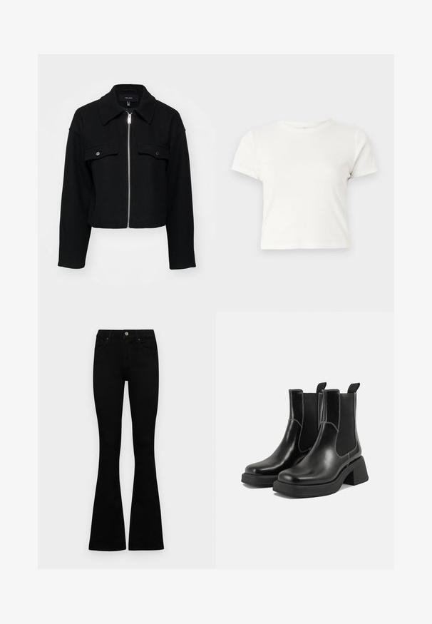 Zkrátená čierna bunda vyrobená z jemnej tkaniny, s predným zipsom, špicatým golierom a dvomi vreckami na hrudi so striebornými zacvakávacími gombíkmi.; Krátke biele tričko vyrobené z bavlny s krátkymi rukávmi, okrúhlym výstrihom a rovnými okrajmi, s hladkou textúrou a minimálnym dizajnom.; Čierne vysoké nohavice s gombíkom a zipsom, predné vrecká a rozšírené nohavice položené na bielom pozadí.; Čierne kožené Chelsea čižmy s robustným podpätkom, elastickými bočnými panelmi a kontrastným bielym prešívaním. Textúrovaný povrch.