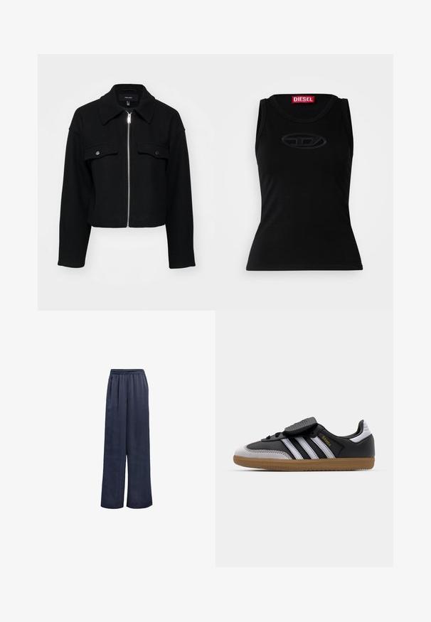 Giacca nera tagliata, realizzata in morbido tessuto, con zip frontale, colletto a punta e due tasche sul petto con bottoni a pressione argentati.; Canotta nera senza maniche realizzata in morbido cotone, con un logo in rilievo discreto al centro e un'etichetta rossa con il marchio nel colletto.; Pantaloni a gamba larga navy realizzati in tessuto morbido con vita elastica e senza hardware visibile. Presentano una vestibilità rilassata e un design a lunghezza intera.; Sneaker in pelle nera e suede grigio con strisce bianche, suola in gomma, chiusura con lacci nella parte anteriore e strappa in velcro. Presenta il marchio "Samba" in oro.