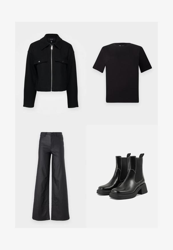 Cropped black jacket made of soft fabric, featuring a zip front, pointed collar, and two chest pockets with silver snap buttons.; Black short-sleeve t-shirt with a round neckline, crafted from soft cotton fabric. Simple design, no visible logos or patterns.; Black, wide-leg pants in a faux leather material. Features a high waist, belt loops, two front pockets, and stitched detailing.; Black leather Chelsea boots with a chunky heel, elastic side panels, and contrasting white stitching. Textured finish.