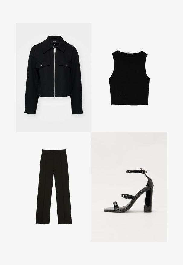 Zkrácená černá bunda vyrobená z měkké tkaniny, s kapsou na zip, špičatým límcem a dvěma náprsními kapsami se stříbrnými patentkami.; Černý bezsleeve crop top vyrobený z hladké tkaniny, s kulatým výstřihem a čistým, jednoduchým designem bez vzorů nebo kovových doplňků.; Černé široké kalhoty vyrobené z hladké tkaniny, s dobře padnoucím pasem a jemnými předními klíny pro zvýraznění textury.; Černé lakované sandály na podpatku se čtveratou špičkou, lýtkovými pásky a stříbrnými přezkami. Disponují masivním blokovým podpatkem pro stabilitu.