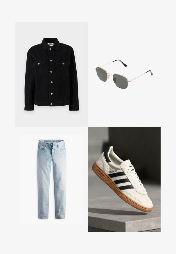 Giacca di jeans nera con maniche lunghe, colletto a punta e due tasche sul petto. Presenta chiusure a scatto in argento e un taglio dritto.; Maglione grigio con colletto rotondo, maniche lunghe e polsini a coste. Il tessuto sembra morbido con una leggera trama e una vestibilità leggermente ampia.; Jeans in denim blu chiaro con taglio dritto, due tasche frontali e due tasche posteriori. Include una chiusura a due bottoni e cuciture sottili.; Sneaker bianca in suede con strisce blu navy, suola in gomma, parte superiore testurizzata, punta rotonda e lacci; presenta un marchio sul lato e sulla linguetta.; Occhiali da sole con montatura in metallo dorato e lenti verde scuro, stile aviator, con aste sottili e dettagli in tartaruga sulle punte.; Borsa a spalla in suede marrone con una forma curvata, cuciture a contrasto, dettagli in metallo dorato e una tasca frontale con zip.