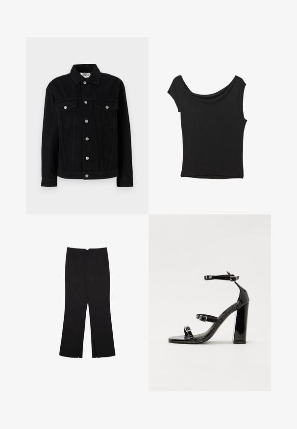 Musta farkkutakki pitkillä hihoilla, teräväkauluksella ja kahdella rintataskulla. Varustettu hopeisilla nepparilla ja suoran leikkauksen omaava.; Musta lyhythihainen paita, joka on valmistettu sileästä kankaasta; siinä on laskeutuva kaula-aukko ja epäsymmetrinen helma, sekä istuva malli.; Mustat housut suoralinjaisella leikkauksella, joissa on etutaskut ja sivurei'ät helman alla. Valmistettu pehmeästä ja sileästä kankaasta. Sopii eri tilaisuuksiin.; Musta kiiltävä korkokenkä sandaalit neliönmuotoisella varpaalla, nilkkaremmillä ja hopeisilla soljilla. Varustettu tukevalla lohkokorkealla vakauden takaamiseksi.