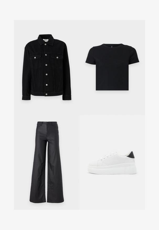 Chaqueta de mezclilla negra con mangas largas, cuello puntiagudo y dos bolsillos en el pecho. Presenta cierres de botón a presión plateados y un corte recto.; Camiseta negra de manga corta hecha de algodón suave. Presenta un escote redondo y un diseño ajustado. Textura lisa sin patrones ni acentos.; Pantalones de pierna ancha en material de cuero sintético. Presentan una cintura alta, trabillas para cinturón, dos bolsillos delanteros y detalles de costura.; Zapatillas de plataforma blancas hechas de material sintético suave, con punta redondeada, diseño de cordones y suela de goma texturizada. Acento en el talón negro.