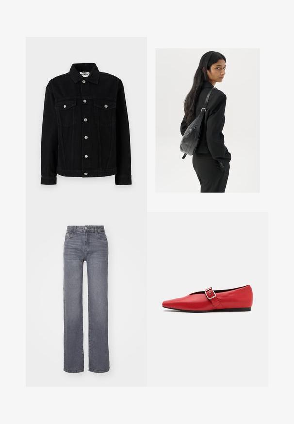 Zwart spijkerjack met lange mouwen, een puntige kraag en twee borstzakken. Beschikt over zilveren drukknoopsluitingen en een rechte snit.; Witte mouwloze tanktop van ribstof, met een ronde halslijn en een aansluitende pasvorm, met minimale naden en zonder versieringen.; Grijze wijde spijkerbroek van denim met een gladde textuur, voorzien van een knoop- en ritsluiting en vijf zakken.; Rode leren platte schoen met een spitse neus, voorzien van een zijkant band met een metalen gesp en een lage zwarte hak. Gladde textuur overal.; Vrouw met lang donker haar in een zwart pak, met een zwart leren schoudertas, die over haar schouder kijkt tegen een witte achtergrond.