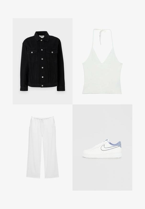 Schwarze Jeansjacke mit langen Ärmeln, einem spitzen Kragen und zwei Brusttaschen. Verfügt über silberne Druckknopfverschlüsse und einen geraden Schnitt.; Weißes Top mit Halterneck und tiefem V-Ausschnitt. Aus einem glatten, leichten Stoff gefertigt. Mit verstellbarem Band am Rücken.; Weiße weit geschnittene Hosen aus weichem Stoff, mit einem elastischen Bund und einem Kordelzug sowie zwei seitlichen Taschen. Einfaches und klares Design.; Weiße Nike Air Force 1 Sneaker mit einem glatten Lederobermaterial, hellblauen Akzenten, perforierter Zehenpartie und einer dicken Gummisohle.