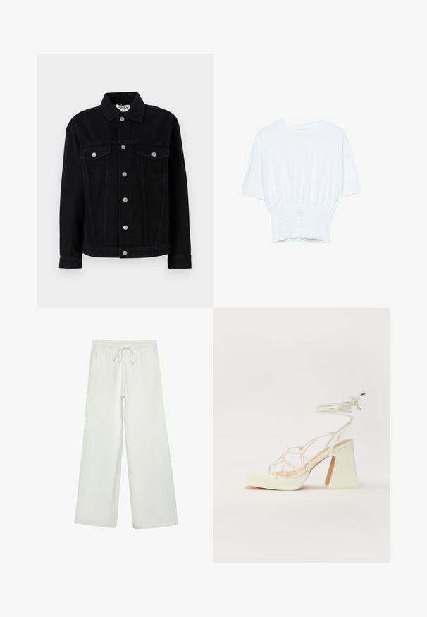 Črna denim jakna z dolgimi rokavi, s koničastim ovratnikom in dvema žepoma na prsih. Ima srebrne pritiskače in ravno krojenje.; Bela majica s kratkimi rokavi sproščenega kroja in z gubanim materialom na pasu. Narejena iz mehkega, lahkega blaga.; Bele široke hlače iz mehkega blaga. Imajo elastičen pas s vrvico in gladko teksturo. Brez vidnih vzorcev ali kovinskih delov.; Bela sandala na visokih petah s debelim petam, ki ima obliko trakcev in vezanje okoli gležnja. Gladka tekstura z platformo spredaj za dodatno višino.