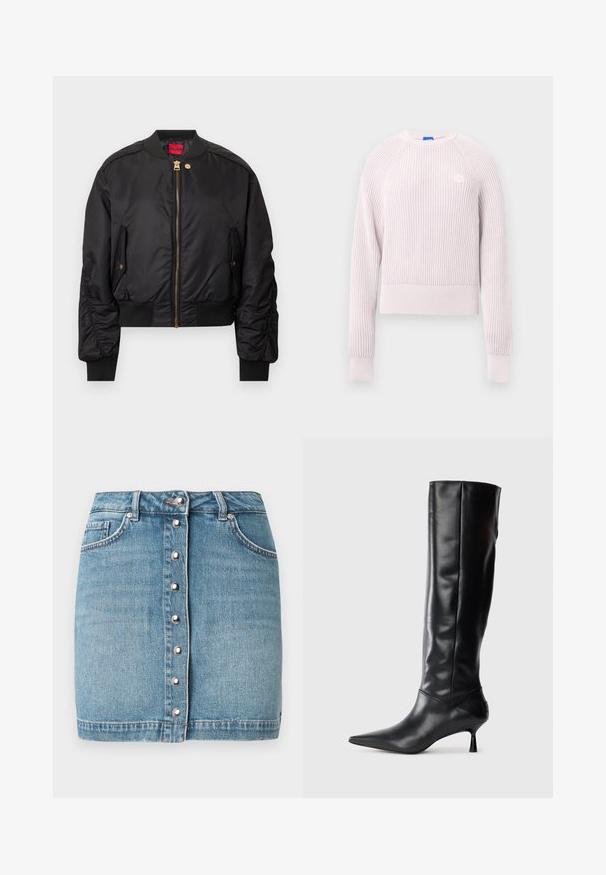 Černá bomber bunda se zipem vpředu, žebrovaným límcem a manžetami, bočními kapsami a zlatými kovovými doplňky. Hladká vnější textura.; Světlounce růžový zkrácený svetr s žebrovanou texturou, kulatým výstřihem a dlouhými rukávy. Na hrudi má malou logo.; Světle modrá džínová minisukně s předním zapínáním na knoflíky se stříbrnou kovovou úpravou, dvěma předními kapsami a třepeným lemem.; Černé kožené vysoké boty po kolena s špičatou špičkou a štíhlým zakřiveným podpatkem. Hladký povrch, přiléhavý design a žádné viditelné kování nebo vzory.