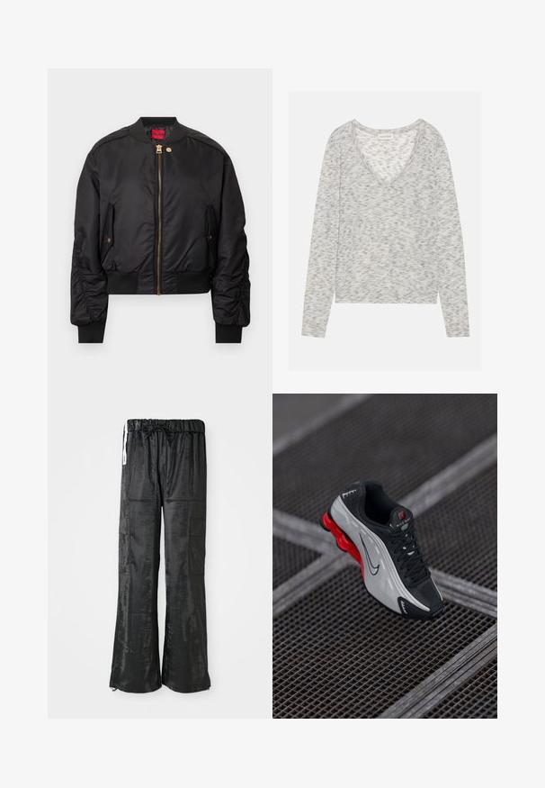 Mustast bomberjope lukuga ees, soonikkoeline krae ja mansetid, küljetaskud ning kuldsed detailid. Sile välimine tekstuur.; Hallitus halli pikad varrukad särk V-kaelusega, millel on õrn täpikujuline tekstuur ja pehme kudumismaterjal. Etiketil on kirjas "ANNA FIELD."; Mustad mustad püksid läikivast tekstureeritud kangast. Omavad laia säärega disaini, elastset vöökohta nööriga ning mitmeid küljetaskuid.; Mustmustase mustvarustuse must-hall jalats punase pehme tallaga, mustade paelte ja Swooshi logoga, asetatud metallvõre pinnale.