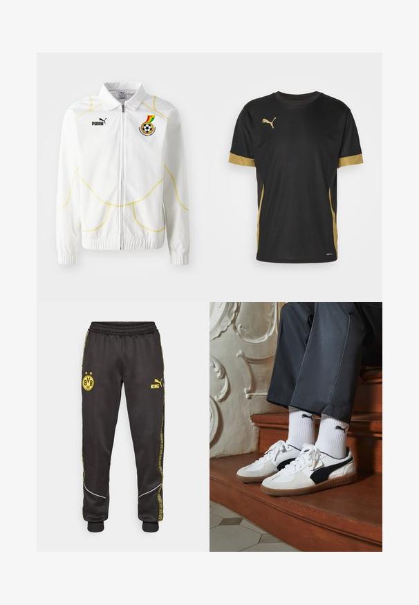 White zip-up jacket with yellow geometric stitching. Features Puma logo and Ghana Football Association emblem on the left chest. Elastic cuffs.; Black athletic T-shirt with gold accents on sleeves and side. Features a round neck, short sleeves, and moisture-wicking DRYCELL fabric.; Black athletic pants with yellow Borussia Dortmund BVB 09 and Puma King logos, elastic waistband, and patterned yellow side stripes.; Puma sneakers in white and black suede, featuring a brown rubber sole. Paired with white socks displaying a black logo, worn with dark pants.