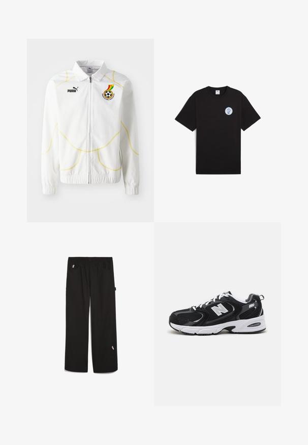 Valkoinen vetoketjullinen takki, jossa on keltaista geometrista ommelta. Vasemmassa rintapielessä Puma-logo ja Ghanan jalkapalloliiton embleemi. Joustavat hihansuut.; Musta puuvillapaita lyhyillä hihoilla, pyöreällä kaula-aukolla ja pyöreällä sinisellä logolla vasemmassa rintaliuskassa. Suora pinta ja rento istuvuus.; Mustat housut, joissa on joustava vyötärö, kaksi etutaskua ja pieni brodeerattu yksityiskohta alas lahkeessa. Valmistettu kevyestä materiaalista.; Mustat ja harmaat urheilukengät, joissa on verkkokangas- ja keinonahka päällyste, valkoinen välipohja, nauhat sekä rohkea "N"-logo sivussa.