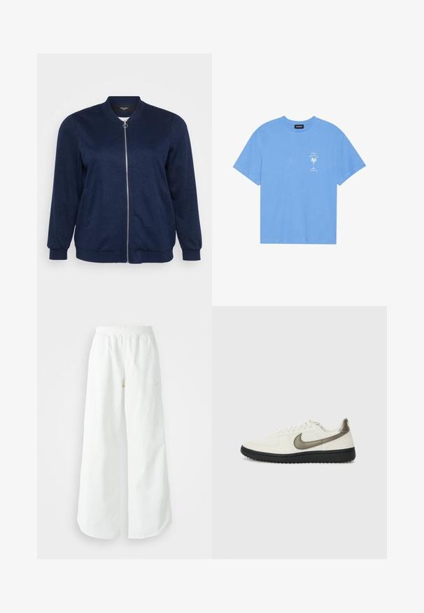 Mornarsko plavi bomber jakna s prednjim zatvaračem, dva bočna džepa, rebrastim manžetama i mekanom teksturom. Prikladna za svakodnevno nošenje.; Svijetloplavi pamučni majica s okruglim izrezom. Sadrži bijelu grafiku palme i tekst na lijevoj strani prsa. Kratki rukavi.; Bijele široke sportske hlače s rebrastim pojasom i suptilnim logotipom. Glatka tkanina s opuštenim krojem i suženim rubom.; Nike Sportswear FIELD GENERAL - Tenisice - off-white/black