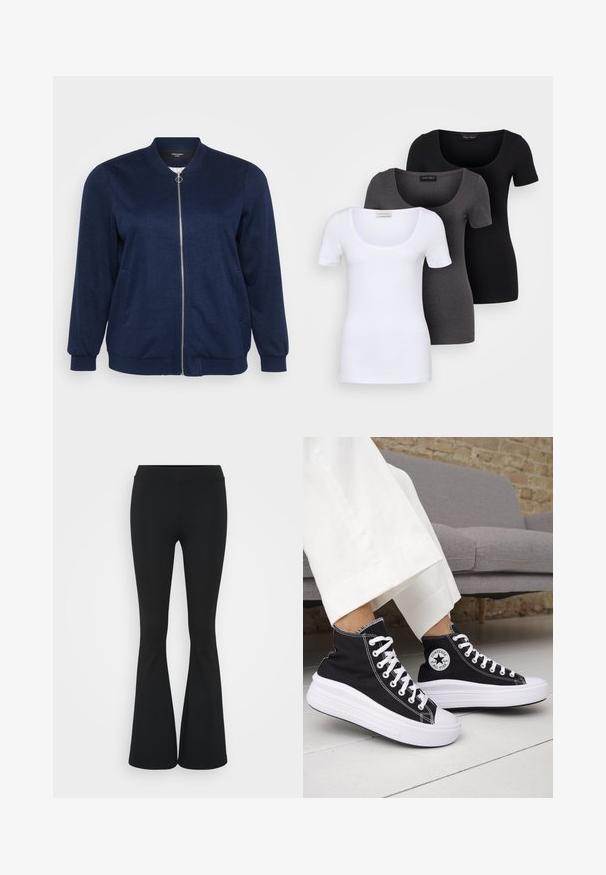 Navy blue bomber jacket with a front zipper, two side pockets, ribbed cuffs, and a soft texture. Suitable for casual wear.; Three fitted T-shirts in white, gray, and black. Each features a wide scoop neckline and short sleeves. Made from smooth, stretchy fabric.; Black flared pants made of stretchy fabric, featuring a high waistband and a smooth texture. The pants flare out from the knee.; Black high-top sneakers with white rubber soles and laces. Features a round logo patch and contrasting white stitching. Canvas material.