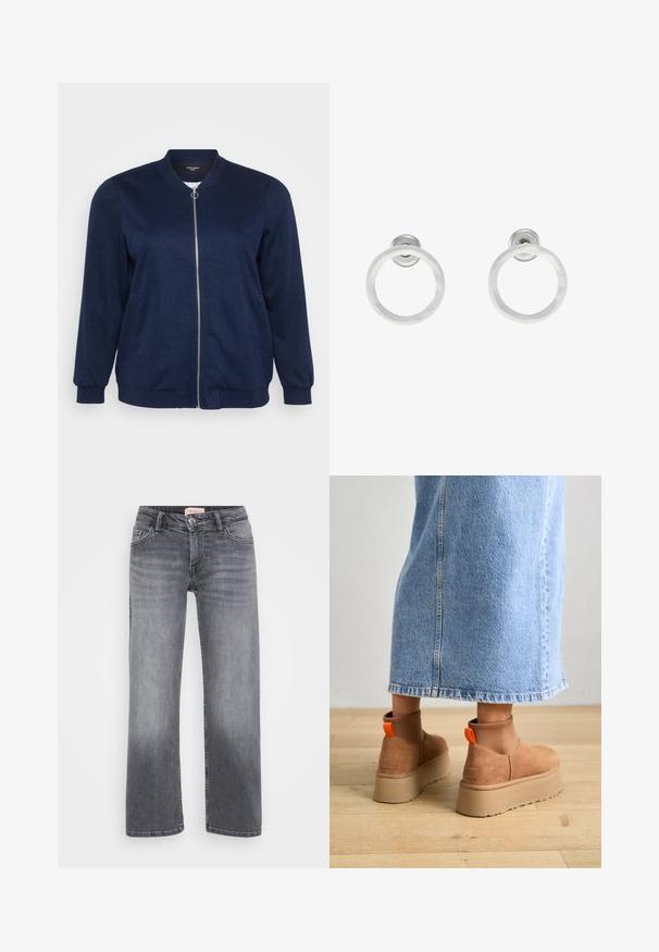 Giubbotto bomber blu navy con zip frontale, due tasche laterali, polsini a costine e una texture morbida. Adatto per un look informale.; Even&Odd Petite 2 PACK - Top - light grey/black; Jeans in denim grigio con design a gamba dritta, stile a cinque tasche, leggera sbiaditura e chiusura con bottone in vita.; Stivali platform in suede marrone con pannelli laterali elastici e linguette arancioni, abbinati a una gonna di jeans chiara, lunga fino al ginocchio, su un pavimento di legno.; Orecchini a cerchio in metallo argento con finitura spazzolata, caratterizzati da un design circolare e un gancio trasparente sul retro per una vestibilità sicura.