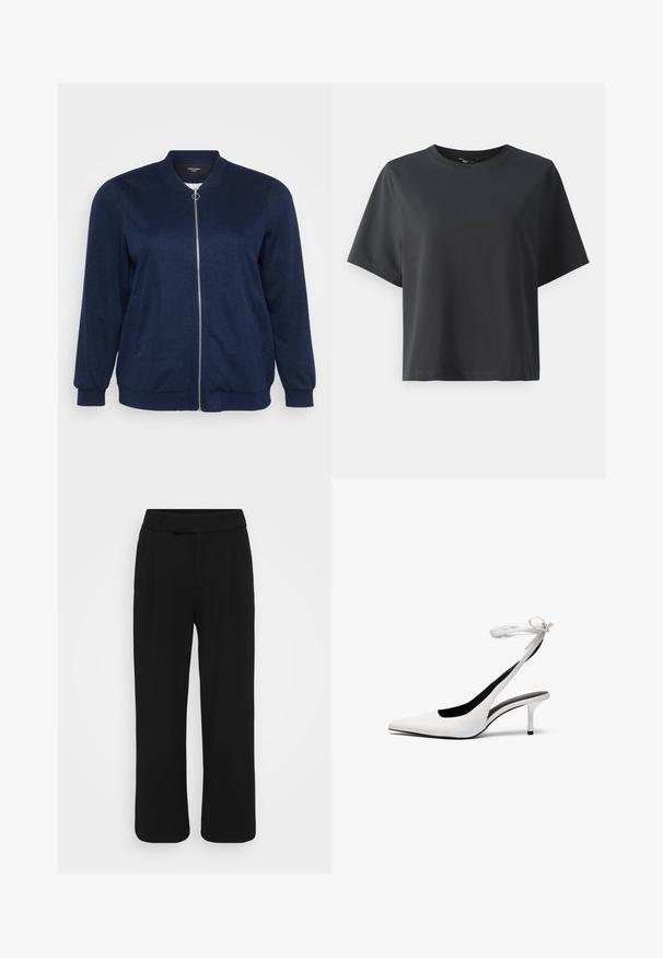 Navy blue bomber jacket with a front zipper, two side pockets, ribbed cuffs, and a soft texture. Suitable for casual wear.; Black cotton t-shirt, short sleeves, crew neck, relaxed fit, smooth texture, simple design, no patterns or accents.; Black wide-leg pants made of a smooth fabric, featuring a flat front, belt loops, and no visible pockets. Clean, tailored design.; White pointed-toe slingback heels with a thin ankle strap. Smooth leather material, thin stiletto heel, and a black interior lining.