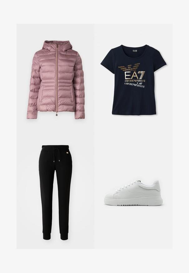 EA7 Emporio Armani GIUBBOTTO - Zimní bunda - pink; Námořnická modrá tričko s krátkým rukávem vyrobené z bavlny, s metalicky zlatým grafickým logem, které obsahuje text a stylizované akcenty orlího křídla.; Černé zúžené tepláky s tkaničkou v pase a staženými kotníky, vystavené na jednoduchém bílém pozadí.; Bílé tenisky s texturovaným koženým svrškem, kulatou špičkou a šněrovacím designem. Silná bílá gumová podešev s texturovaným vzorem pro lepší trakci.