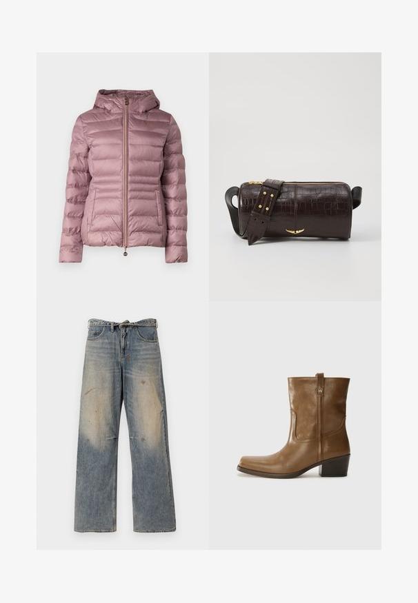 EA7 Emporio Armani GIUBBOTTO - Žieminė striukė - pink; Mother LIL GOODIE GOODIE TEE - Paprasti marškinėliai - grey; Šviesiai mėlynos džinsinės kelnės su laisvu, tiesiu kojų kirpimu. Su įbrėžimais, nudilimu ir suplėšytais elementais šalia kelių. Klasikinis penkių kišenių stilius.; Rudų odinių batų iki kulkšnies su kvadratiniu pirštu, tekstūruotu paviršiumi ir žemu sluoksniuota pakulne. Yra užpakalinis kilpas ir subtilūs siuvinėjimo detalės.; Ruda krokodilo odspaudo odinė rankinė cilindro formos, su auksinėmis detalėmis ir nuimamu dirželiu, papuoštu studelėmis.