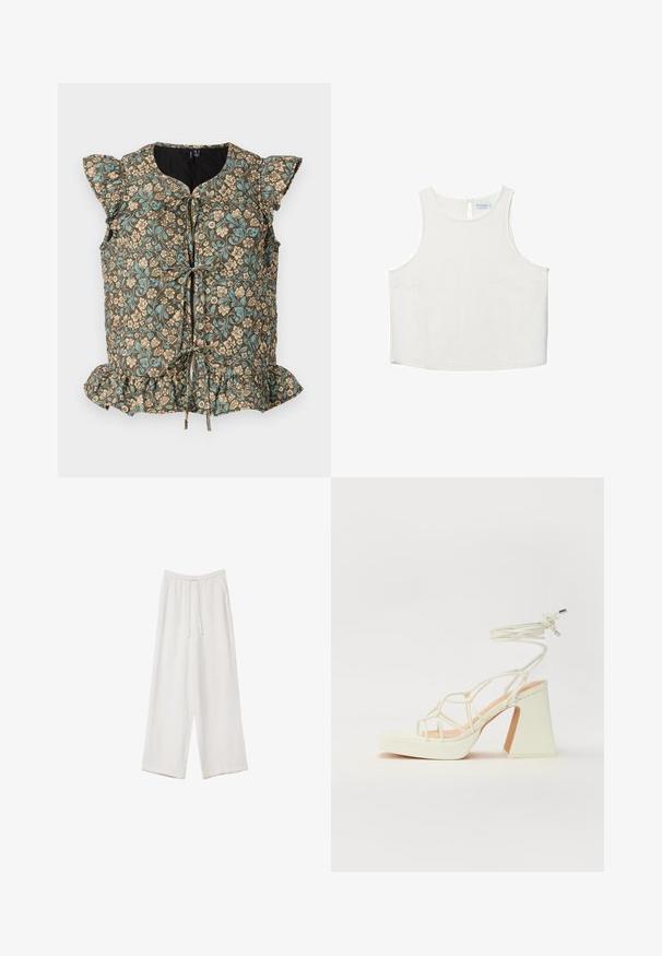 Top s kvetinovým vzorom na hnedom podklade, modrými a béžovými kvetmi, riasenými rukávmi, viazaním vpredu a volánovým lemom. Materiál z bavlnenej zmesi.; Biele bezrukávové tričko s okrúhlym výstrihom, ktoré má jemnú textúru, detail s kľúčovou dierkou na chrbte a rovný lem.; Biele široké nohavice vyrobené z ľahkej tkaniny. Obsahujú elastický pás so sťahovacou šnúrkou a bočné vrecká. Hladká textúra.; Biele sandále na vysokom opätku s hrubým podpätkom, s pruhovaným dizajnom a viazaním na členku. Hladký povrch s platformou vpredu pre zvýšenú výšku.