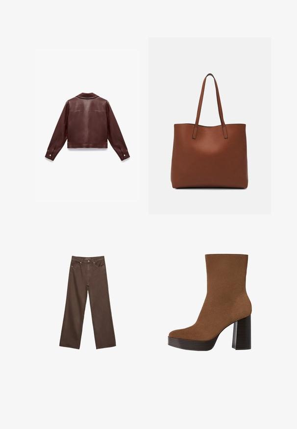 Burgundin nahkatakki, jossa on lyhyt malli, pitkät hihat, viistokaulus ja napitus yksityiskohtina hihoissa. Sujuva tekstuuri.; Kahvinsävyinen lyhythihainen t-paita, joka on valmistettu pehmeästä kankaasta. Pyöreä pääntie ja rento malli. Ei näkyviä kuvioita tai koristeita.; Leviittävät ruskeat farkut, jotka on valmistettu denimistä, korkea vyötärö, etutaskut ja klassinen nappikiinnitys. Silkkinen pinta hienovaraisella ompelutyöllä.; Ruskea nahkasaapas nilkkapituudelta, jossa on pyöreä kärki, paksu mustasuuntainen korko ja sileä pinta. Omistaa istuvan muotoilun ilman näkyvää kiinnitystä.; Ruskea nahkainen olkalaukku, jossa on sileä pinta, avoin yläosa ja kaksi olkahihnaa. Omaavat vain minimaalisen ompelun eikä näkyvää metalliosaa.