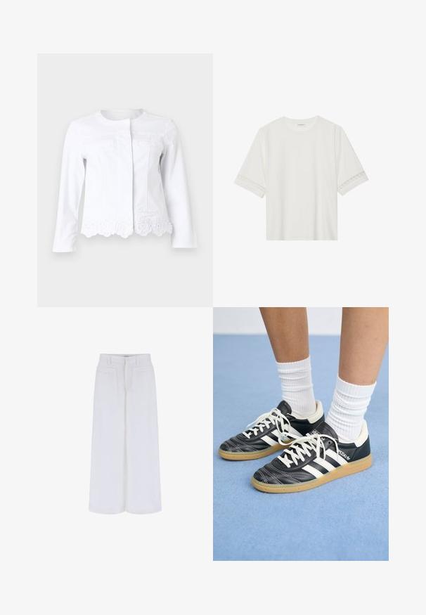 Giacca in denim bianco con scollatura tonda, tasche frontali e orlo ondulato decorato con ricami floreali. Maniche lunghe.; T-shirt bianco a maniche corte in cotone, con bordi in pizzo decorativi lungo le maniche e scollo rotondo.; Pantaloni bianchi a gamba larga con una texture liscia, dotati di due tasche frontali e chiusura a bottone, progettati per un fit rilassato.; Sneaker in pelle nera con strisce bianche, punta rotonda, lacci bianchi e suola in gomma. Menzionate del collare imbottito e dettagli del marchio.