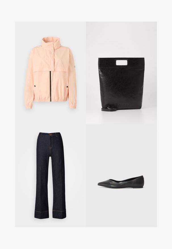 Light pink windbreaker jacket with a high collar, zippered front, elastic cuffs, and side pockets; made of smooth, lightweight material.; White long-sleeve collared shirt made of cotton. Features a button-down front and a single chest pocket. Smooth texture, relaxed fit.; Dark denim wide-leg pants with a high waist, featuring a front button closure and orange stitching accents. Smooth texture throughout.; Black leather ballet flat with a pointed toe, low heel, and smooth texture. Minimal design with a subtle side accent.; Black leather tote bag with a square handle, featuring a textured finish and embossed logo. Includes a detachable strap.