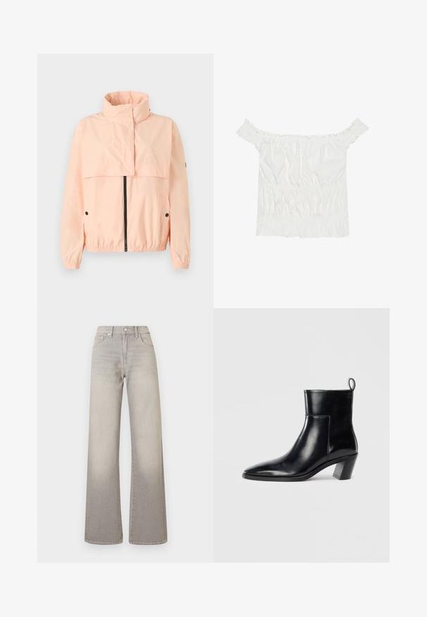 Világos rózsaszín szélálló dzseki magas gallérral, cipzáras elülső résszel, rugalmas mandzsettákkal és oldalsó zsebekkel; sima, könnyű anyagból készült.; Fehér, váll nélküli felső fodros díszítéssel, redőzött textúrával és rugalmas derékkal. Puha pamutanyagból készült.; Szürke, bőszárú farmernadrág elhalványodott hatással, gombos záródással, öt zsebes kialakítással és varrással díszített varratokkal.; Fekete bőr bokacsizma hegyes orral, geometrikus, rétegelt sarokkal és hátsó húzófüllel. Sima textúra és kifinomult dizájn.