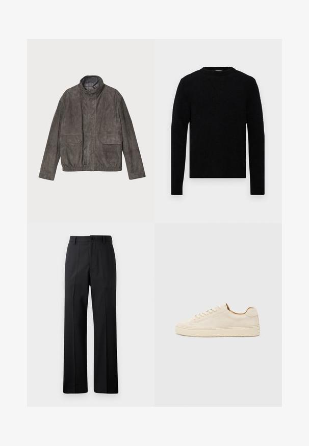 Suede gray jacket with a high collar, two front pockets, and elasticated hem. Features a smooth texture and a relaxed fit design.; Filippa K SWEATER - Jumper - black; Black straight-leg trousers with belt loops, front button, and zipper closure, displayed against a plain white background.; Beige suede sneaker with a low-top design, round toe, flat laces, and a textured rubber sole. Minimalist style with no visible logos.