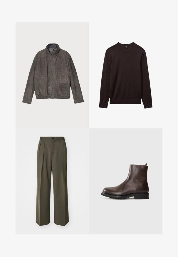 Jachetă gri din suede, cu guler înalt, două buzunare frontale și tiv elastic. Prezintă o textură netedă și un design cu o croială lejeră.; Reiss Pulover - dark bordeaux; Filippa K WIDE TROUSERS - Pantaloni - driftwood; Botină din piele maro, cu o textură netedă, panouri elastice pe laterale, buclă în partea din spate și talpă din cauciuc robustă.