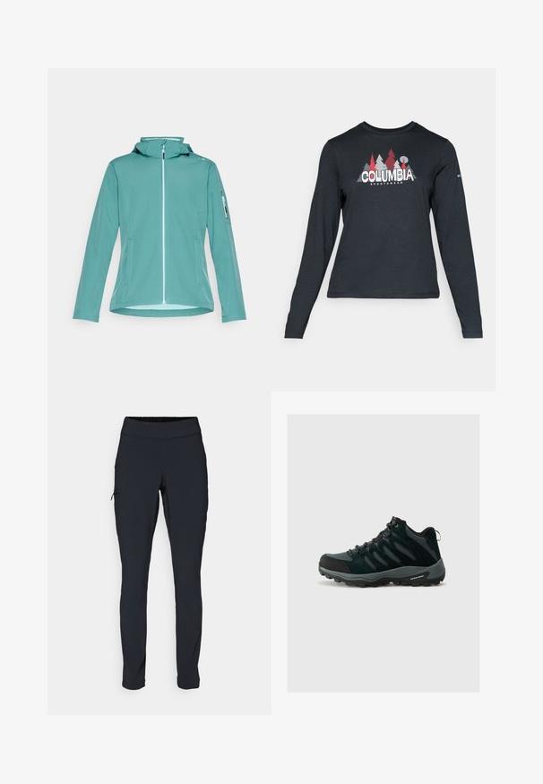 Svetle modro-zelená softshellová bunda s předním zipem, kapucí a bočními kapsami. Obsahuje zipovou kapsu na levém rukávu. Hladký povrch, ležérní design.; Tmavě šedá dlouhá košile s grafikou červených stromů a hor; logo "COLUMBIA" v tučném bílém písmu. Měkká tkanina, standardní kulatý výstřih.; Černé sportovní kalhoty s úzkým střihem, elastickým pasem a boční kapsou na zip. Hladká, elastická tkanina s minimem švů.; Columbia REDMOND - Trekingové boty - black/citron haze