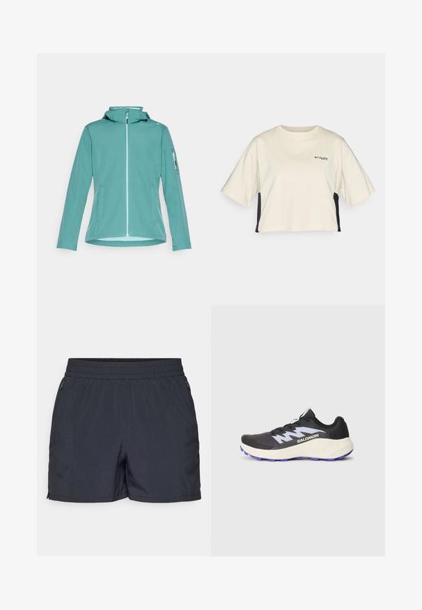 Lys teal softshell jakke med lynlås foran, hætte og sidelommer. Har en lynlåslomme på venstre arm. Glat tekstur, afslappet design.; Cremefarvet cropped t-shirt med rund hals, korte ærmer og sorte sidepaneler; har et lille sort logo på brystet.; Mørkegrå shorts lavet af let materiale, med elastisk talje, sidelommer med lynlås og lige snit.; Sort sportsko med lilla ydersål, tekstureret mesh-overdel og kontrasterende grå detaljer. Har snørebånd og fremtrædende logo på siden.