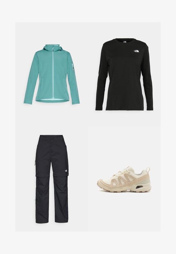 Veste softshell en bleu sarcelle clair avec fermeture éclair à l'avant, capuche et poches latérales. Dispose d'une poche zippée sur le bras gauche. Texture lisse, design décontracté.; T-shirt noir à manches longues en coton avec un col rond. Présente un petit logo blanc sur la partie gauche de la poitrine. Design et coupe simples.; Pantalons cargo en nylon noir, à zip amovible, avec chevilles ajustables, plusieurs poches et un logo sur la jambe droite. Texture lisse et légère.; Baskets de sport beiges et crème avec une tige en mesh texturé, des superpositions de soutien et une semelle en caoutchouc dotée d'un motif de crampons pour une traction.