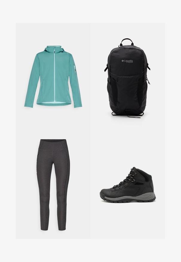 Jachetă de softshell de culoare teal deschis, cu fermoar frontal, glugă și buzunare laterale. Prezintă un buzunar cu fermoar pe brațul stâng. Textură netedă, design casual.; Tricou negru Columbia cu artă liniară albă circulară reprezentând munți și un râu, împreună cu textul "Columbia Sportswear Company Afară din 1938."; Leggings cu talie înaltă, de culoare gri închis, fabricate dintr-un material texturat. Dispun de un design ajustat și buzunare laterale pentru depozitare.; Botă de drumeție neagră cu un design mediu, având un material texturat, accente gri și o talpă din cauciuc durabilă cu crampoane pentru aderență.; Rucsac Columbia Titanium negru, cu o textură de material neted, buzunare laterale, mânere superioare și curele ajustabile. Design minimalist cu o branding subtil.