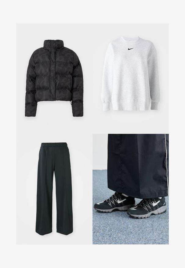 Sakrauts melns pūkains mēteli ar smalku kamuflāžas rakstu, augstu apkakli un elastīgām piedurknēm. Materiāls izskatās spīdīgs un siltināts.; Pelēks džempers, kas izgatavots no mīksta auduma, ar apaļu kaklu, pakāpeniski kritiem pleciem, ribotām piedurknēm un mazu melnu Nike logo uz krūtīm.; Melnas, platajās sporta bikses ar elastīgu jostu. Izgatavotas no gludas, elastīgas auduma, ar viegli pamanāmiem priekšējiem šuvēm un bez kabatām.; Melnas sporta kurpes ar teksturētu augšdaļu, sudraba akcentiem un zīmējuma zoli, apvienotas ar melnu garu apģērbu. Fons ir zils paklājs.