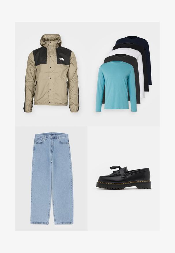 The North Face SEASONAL MOUNTAIN JACKET - Sommerjakke - clay grey; Fem lange ermer T-skjorter på rad: turkis, svart, hvit, mørkegrå og marineblå. Myk stoff med rund halsdesign og standard passform.; Lyseblå denimjeans med rett ben-design, med mid-rise liv, fem lommer og knap og lynlås lukning.; Svart skinn loafers med en kvastdetalj, med en tjock svart sula och gul sömnad längs kanten. Texturerad yta.