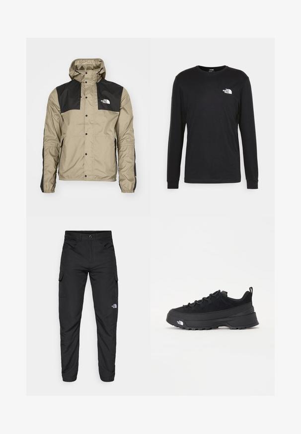 The North Face M SEASONAL MOUNTAIN JACKET - EU - Jakna za prosti čas - clay grey; Črna majica z dolgimi rokavi iz bombaža, ki ima beli logotip na levem prsnem delu in rebraste manšete. Gladka tekstura z okroglim izrezom.; The North Face HORIZON PANT - Hlače za na prostem - black; Črne zunanje teniske s zgornjim delom iz usnja z nubukom, teksturiranim gumijastim podplatom in trdnim vezalnim sistemom. Imajo ojačan petni del in logotip blagovne znamke na strani.