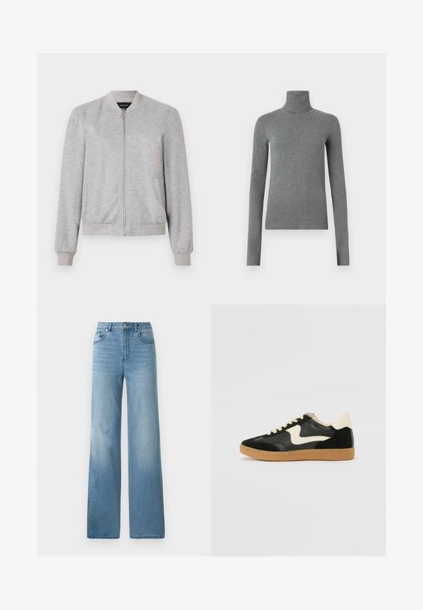 Világosszürke bomberdzseki teljes cipzárral és bordázott mandzsettákkal, egyszerű dizájnnal. Nincsenek minták vagy díszítések.; Szürke, sima, rugalmas anyagból készült garbós póló. Hosszú ujjú, testhez simuló kialakítás, minimális textúrával, látható minták vagy fém alkatrészek nélkül.; Világoskék, magas derekú farmernadrág egyenes szabással. Denim anyagból készült, öt zsebbel és gombos záródással.; Fekete velúr és bőr sneaker, krém színű oldalsó swoosh-sal és világos krém színű sarokkal. Beigézett fűzőkkel és gumi talppal rendelkezik.