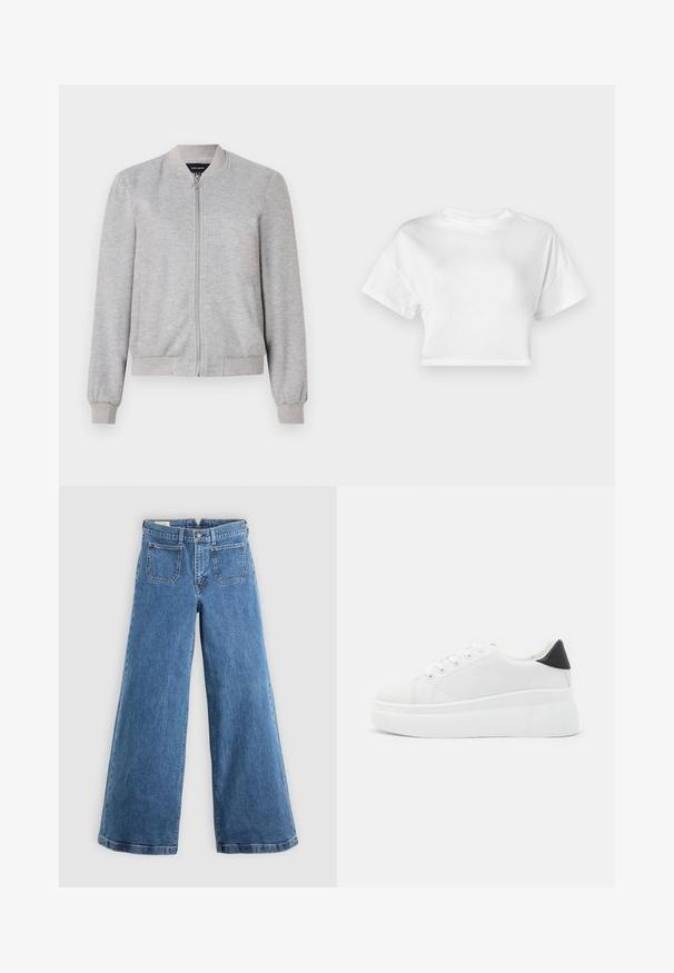 Casaco bomber cinza claro com um fecho de correr completo e punhos canelados, apresentando um design simples. Sem padrões ou enfeites.; Camiseta cropped branca em algodão. Mangas curtas, decote redondo, textura suave, design casual sem padrões ou embellishments.; Jeans azuis de cintura alta, de perna larga, com bolsos frontais, passantes para cinto, fecho de botão e zíper, sobre um fundo liso.; Tênis plataforma brancos feitos de material sintético suave, apresentando ponta arredondada, design com cadarços e sola de borracha texturizada. Acento preto no calcanhar.