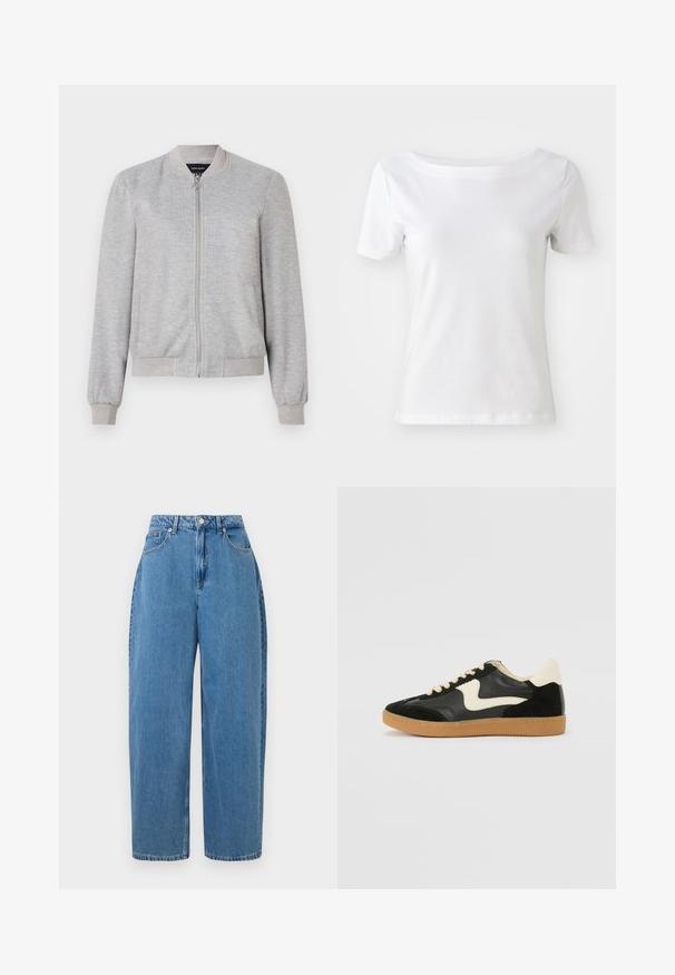 Šviesiai pilkas bomber tipo džemperis su pilna užtrauktuku ir raukšlėmis rankogaliuose, pasižymintis paprastu dizainu. Be raštų ar dekoracijų.; Balta trumpa rankovėmis marškinėliai iš medvilnės, su plačiu kaklu ir lygiu paviršiumi. Paprastas ir be puošmenų dizainas.; Šviesiai mėlynos džinsinės kelnes su tiesiu kirpimu, aukštu liemeniu ir priekyje užsegimu mygtuku. Turi penkias kišenes ir minimalias siuvimo detales.; Juodos zomšo ir odos sportinės bateliai su kreminiu šoniniu swoosh ir šviesiai kreminiu kulnu. Ypatybės - smėlio spalvos raišteliai ir guminis padas.