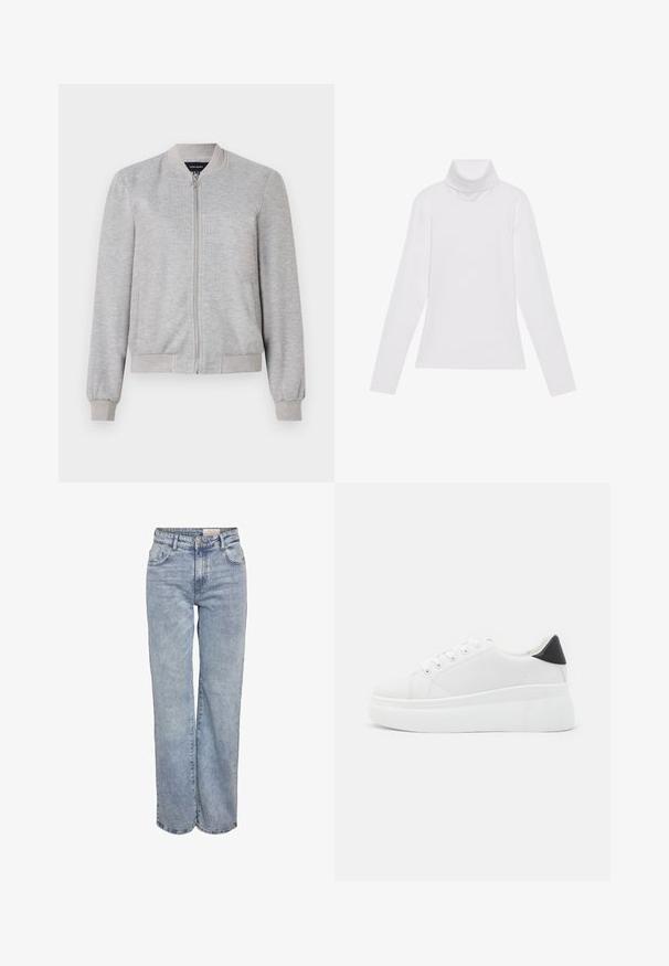 Lichtgrijze bomberjack met een volle ritssluiting en ribgebreide boorden, met een eenvoudig ontwerp. Geen patronen of versieringen.; Witte lange mouw turtleneck top gemaakt van glad, elastisch materiaal. Voorzien van een hoge kraag en een getailleerd ontwerp, zonder zichtbare patronen of versieringen.; Lichtblauwe wijde jeans gemaakt van denim, met een hoge taille, vijf zakken en subtiele vervaging voor een versleten uitstraling.; Witte platform sneakers van glad synthetisch materiaal, met een afgeronde neus, vetersluiting en een gestructureerde rubberen zool. Zwarte hielaccent.