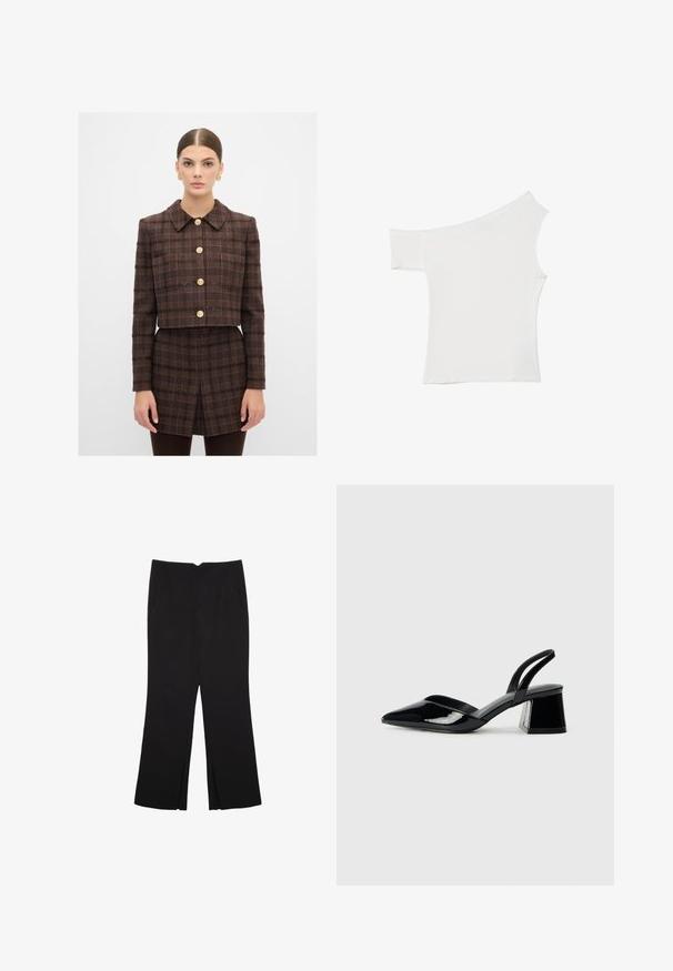 Brun twilljakke med gyldne knapper, cropped design og plaidmønster. Lange ærmer og spids krave. Tekstureret stofdetalje.; Asymmetrisk hvid top lavet af glat stof, med én kort ærme og en off-shoulder design, med et rent, minimalistisk udseende.; Sorte bukser med lige pasform, der har frontlommer og slidser i kanten. Lavet af blødt, glat stof. Velegnet til forskellige anledninger.; Sorte patentlæder slingback hæle med spids tå og en geometrisk blok hæl. Har et elegant, minimalistisk design og en glat tekstur.
