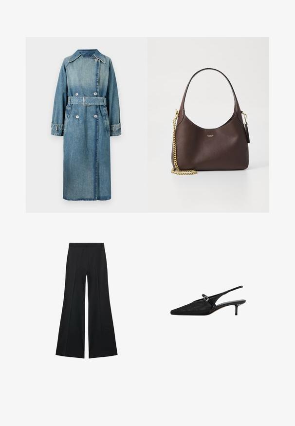 Denim plašč v svetlo modri barvi. Ima ovratnik, dvoredno zasnovo, pas in gumbaste manšete z podrobnim šivanjem.; Črni pulover z visokim ovratnikom, narejen iz pletenega materiala, ima dolge rokave, prilegajoč ovratnik in rahlo skrajšan rob. Gladek tekstura, enobarvna.; Črne široke hlače z gladko teksturo, ki imajo sprednje nabore in kroj po meri. Tkanina je lahka in zračna.; Črne slingback pete s koničastimi prsti, teksturirano mrežasto zgornje delo, ožji nastavljiv trak z vgraviranim sponko in 5 cm stiletto pete.; COACH BROOKLYN SHOULDER BAG 23 - Torbica - maple