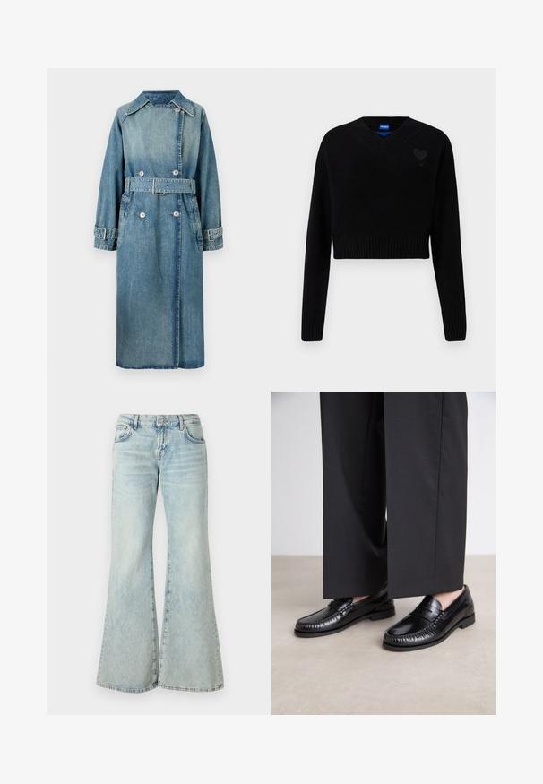 Trench coat in denim di colore azzurro chiaro. Presenta un colletto, un design doppiopetto, vita con cintura e polsini abbottonati con cuciture dettagliate.; Maglione nero rifinito a V, con orlo a coste e maniche lunghe. Presenta un piccolo dettaglio a forma di cuore testurizzato sul petto. Realizzato in materiale morbido.; Jeans a palazzo di colore blu chiaro realizzati in denim, con vita alta, tasche e orli sfilacciati. Il tessuto presenta un lavaggio sbiadito e una texture sottile.; Mocassini in pelle nera con una finitura liscia, dettagli cuciti attorno alla punta e suola in gomma bassa. Abbinati a pantaloni neri larghi.