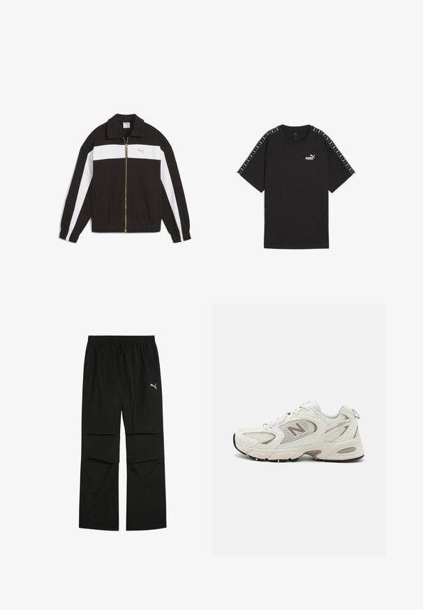 Black jacket with white horizontal stripes and gold accents. Features a zip closure, stand collar, and ribbed cuffs and hem. Smooth material.; Black short-sleeve t-shirt made of cotton. Features white Puma logo on chest and patterned accents on shoulders. Standard fit and crew neck.; Black athletic pants with a relaxed fit, elastic waistband, drawstring, side pockets, and a small silver logo on the left leg.; White mesh running shoe with gray accents, rounded toe, lace-up design, cushioned sole, and a prominent "N" logo on the side.