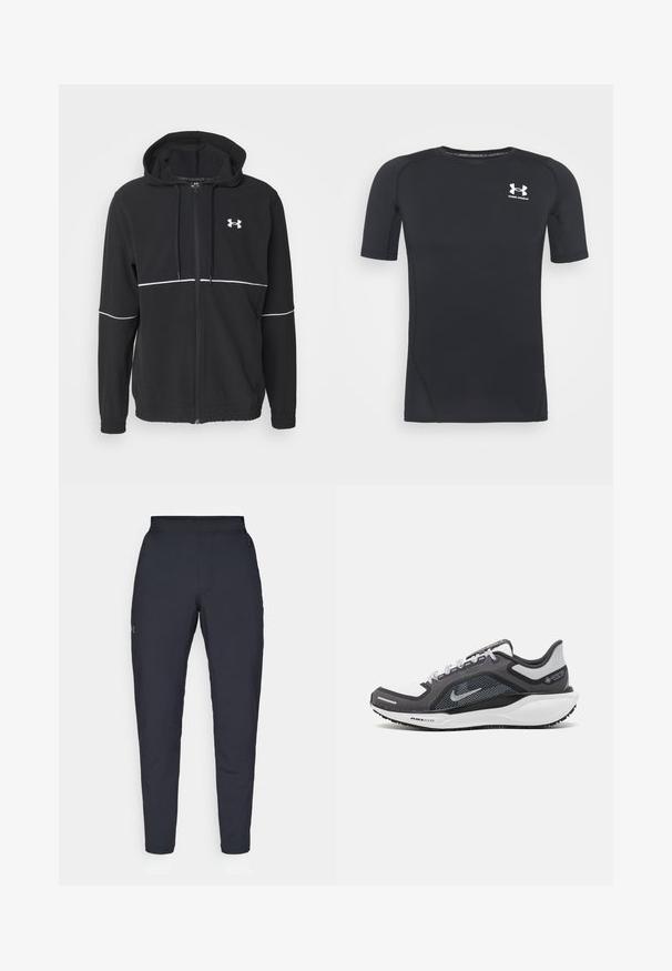 Μαύρο φούτερ με φερμουάρ, κατασκευασμένο από λείο ύφασμα, με λευκή ρίγα κατά μήκος του στήθους, κουκούλα και ελαστικές μανσέτες. Λογότυπο Under Armour μπροστά.; Μαύρο αθλητικό μπλουζάκι κοντό μανίκι, κατασκευασμένο από ύφασμα που απορροφά την υγρασία και είναι ελαστικό. Διαθέτει στρογγυλή λαιμόκοψη και ένα μικρό λευκό λογότυπο στο στήθος.; Μαύρο αθλητικό παντελόνι με λεία υφή, στενή εφαρμογή, ελαστική μέση και πλαϊνές τσέπες. Διαθέτει ένα μικρό λογότυπο στον αριστερό μηρό.; Μαύρο και γκρι αθλητικό παπούτσι με επάνω μέρος από διχτυωτό υλικό, ανακλαστικές λεπτομέρειες και λευκή μεσαία σόλα. Διαθέτει υφή από καουτσούκ στην εξωτερική σόλα και κορδόνια.