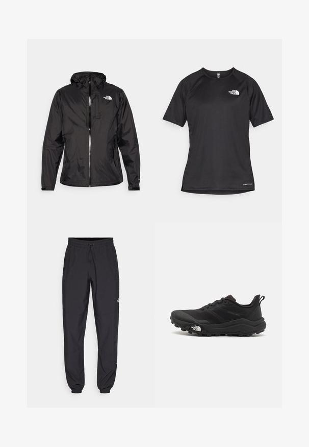 Crna vodootporna jakna od lagane tkanine. Ima zatvarač sprijeda, podesivu kapu i logotip na prsima. Uključeni su elastični rukavi.; Crna kratkotrajna atletska majica s teksturiranom tkaninom, koja ima bijeli logo na lijevom prsnom dijelu i ravni rub.; Crne sportske hlače od lagane tkanine, s pojasom na vezanje, bočnim džepovima i suženim manžetama na gležnjevima.; Crne trail trkačke cipele s teksturiranim gornjim dijelom, gumeni potplat i ojačana zaštita za prste. Imaju podstavljen ovratnik i trakicu za lakše obuvanje.
