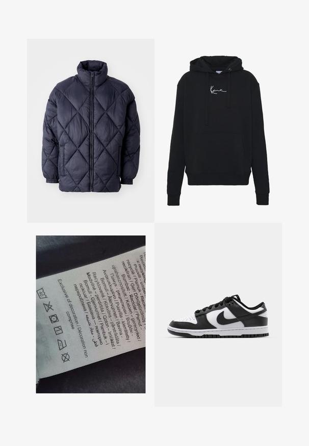 Marineblauwe gewatteerde jas met een ruitpatroon, hoge kraag, ritssluiting aan de voorkant en elastische manchetten voor een strakke pasvorm. Zacht, glanzend nylonmateriaal.; Zwarte hoodie van zachte stof, met een voorzak, koorden en witte logo borduring op de borst. Klassieke pasvorm en geribde manchetten.; Label tag met meertalige tekst, zorgsymbolen en recyclingiconen, gedrukt op een zacht textielachtig materiaal in een lichte kleur.; Zwart-witte Nike Dunk sneakers met een leren bovenwerk, geperforeerde neus, zwarte veters en een zwarte rubberen zool met profiel.