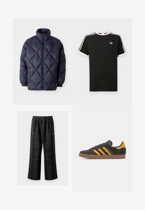 Casaco puffer azul-marinho com padrão de quilt em diamante, gola alta, fecho de zipper à frente e punhos elástico para um ajuste ideal. Material de nylon suave e brilhante.; T-shirt preta feita de algodão com detalhes em branco. Apresenta mangas curtas, design raglan, e um pequeno logótipo no peito. Três riscas brancas nos ombros.; Calças pretas em padrão xadrez com cintura elástica, dois bolsos frontais e um ajuste solto com design de perna reta. Feitas de material leve.; Tenis em camurça preta com detalhes amarelos, apresentando três riscas e uma sola de borracha castanha. Inclui uma língua acolchoada para maior conforto.