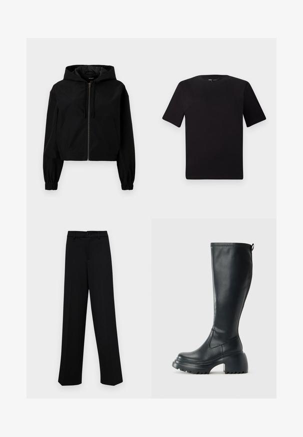 Melnā īsā jakā ar kapuci, kas aprīkota ar priekšu rāvējslēdzi, elastīgām piedurknēm un plašu priekšējo kabatu. Izgatavota no gludas, vieglas materiāla.; Melnas īsām piedurknēm T-krekls ar apaļu kakla izgriezumu, izgatavots no mīksta kokvilnas auduma. Vienkāršs dizains, bez redzamām logo vai rakstiem.; Melnas platajās bikses, kas izgatavotas no gludas auduma, ar klasisku jostu un pogu aizdari, kā arī priekšējām kroku detalizācijām.; Augstas melnas ādas zābakus ar masīvu platformu un bloka papēdi, ar vilkšanas cilpu un strukturētu profilu uz ārējā zoles.