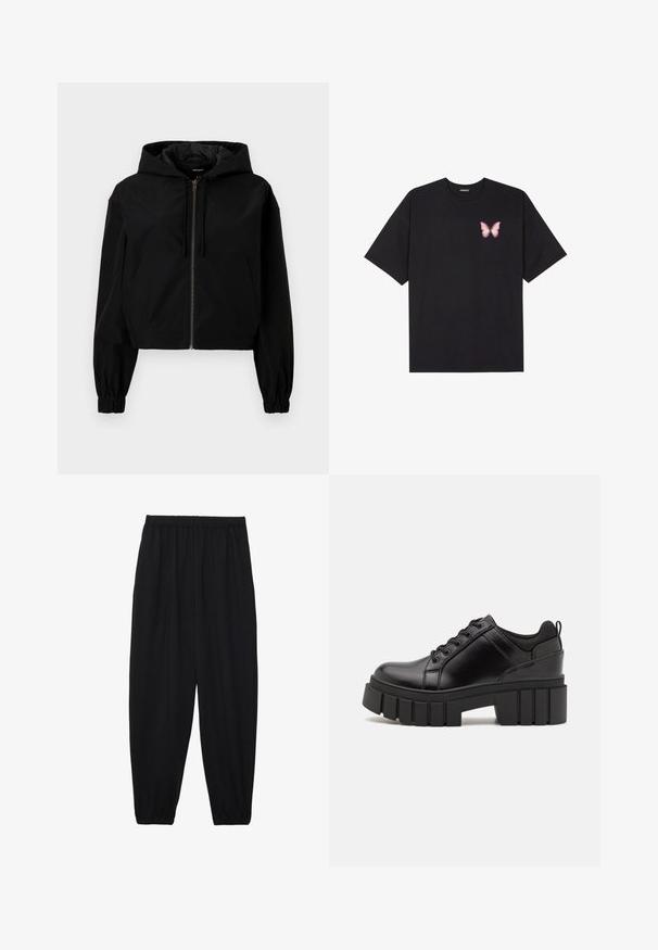 Chaqueta negra corta con capucha, con cremallera frontal, puños elásticos y un amplio bolsillo delantero. Hecha de material suave y ligero.; Camiseta de algodón negra de manga corta, con un pequeño gráfico de mariposa rosa en el lado izquierdo del pecho. Diseño de cuello redondo con un corte relajado.; Pantalones negros, ligeros, con cintura elástica y tobillos fruncidos. La tela es suave y presenta un diseño relajado y ajustado.; Zapatos de plataforma de cuero negro con un tacón cuadrado grueso, punta redonda y diseño tradicional de cordones. Presenta una textura suave y un detalle minimalista.