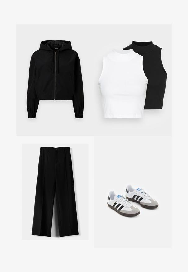 Czarna krótka kurtka z kapturem, posiadająca zamek błyskawiczny z przodu, elastyczne mankiety i pojemną kieszeń z przodu. Wykonana z gładkiego, lekkiego materiału.; Dwa bezrękawnikowe golfy w kolorze czarnym i białym, charakteryzujące się dopasowanym fasonem i gładką teksturą, o skróconej długości.; Czarne spodnie szerokie, wykonane z lekkiego materiału, z zapięciem na guzik z przodu i gładkim przodem, z starannie wykończonymi brzegami.; Buty sportowe z białą skórzaną cholewką, szarym zamszowym noskiem i trzema czarnymi paskami. Posiadają niebieskie logo na języku oraz teksturowaną gumową podeszwę.